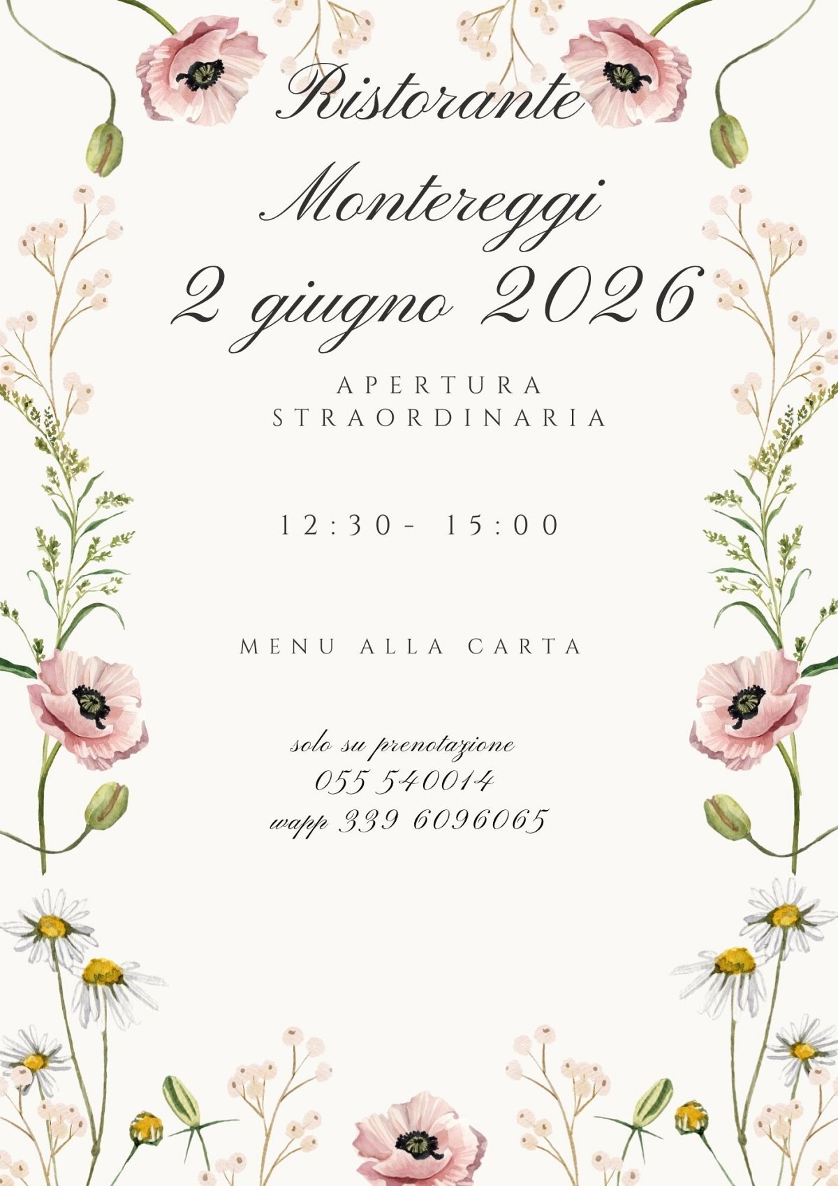 2 giugno Apertura straordinaria ristorante Montereggi